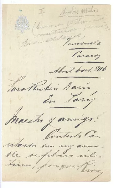 [Carta], 1906 abr. 6 Caracas, Venezuela <a> Rubén Darío  [manuscrito] Andrés Mata.