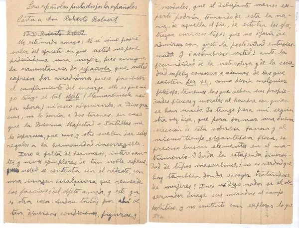 Las españolas pintadas por los españoles. Carta a Roberto Robert. [manuscrito] Benito Pérez Galdós; transcripción Alberto Ghiraldo.