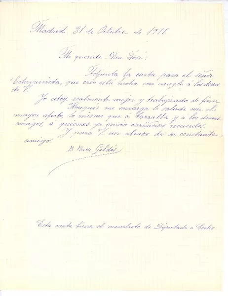 [Carta], 1911 oct. 31 Madrid, España <a> José Estrañi Grau  [manuscrito] Benito Pérez Galdós; transcripción.