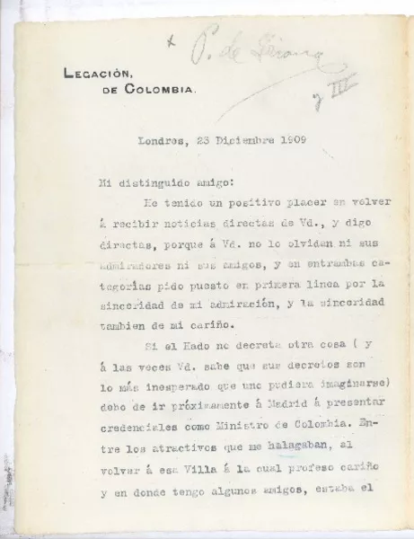 [Carta], 1909 dic. 23 Londres, Inglaterra <a> Rubén Darío  [manuscrito] Santiago Pérez Triana.