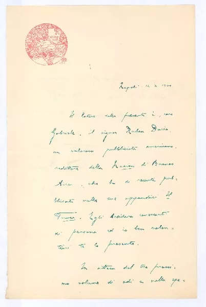 [Carta], 1900 oct. 14 Nápoles, Italia <a> Rubén Darío  [manuscrito] Vittorio Pica.