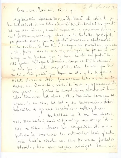 [Carta], 1910 dic. 4 Francia <a> Rubén Darío  [manuscrito] Enrique R. Larreta.