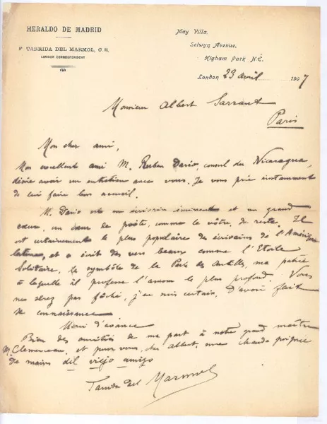 [Carta], 1907 abr. 23 Londres, Inglaterra <a> Albert Sarrant  [manuscrito] F. Tarrida de Mármol.