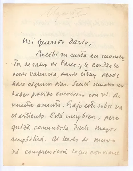 [Carta], 1911 ene. 21 Valencia, España <a> Rubén Darío  [manuscrito] Manuel Ugarte.