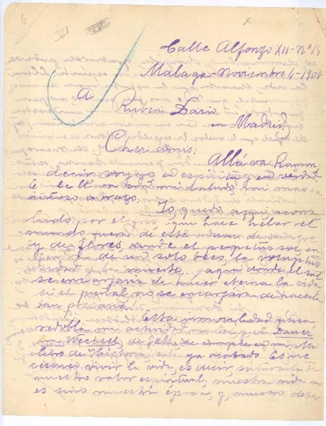 [Carta], 1908 nov. 4 Málaga, España <a> Rubén Darío  [manuscrito] José María Vargas Vila.