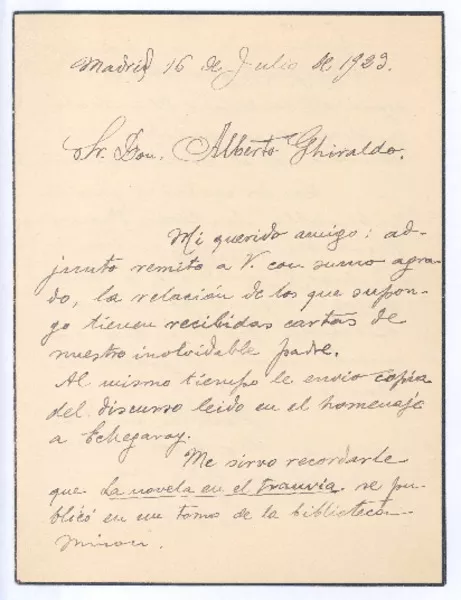 [Carta], 1929 jul. 16 Madrid, España <a> Alberto Ghiraldo  [manuscrito] Juan Verde.