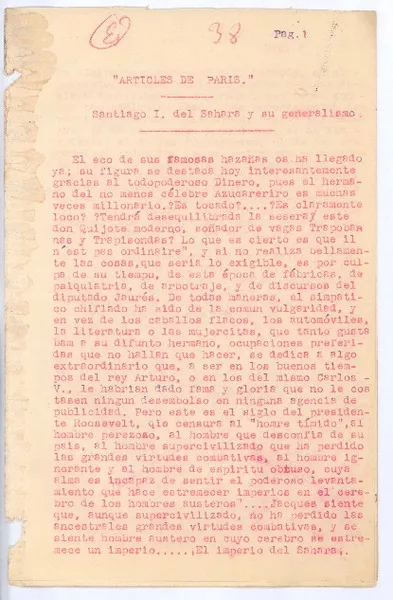 Articles de Paris Santiago I. Del Sahara y su generalismo. [manuscrito] Rubén Darío.