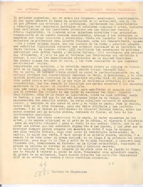 Dos artistas argentinas  [manuscrito] Rubén Darío; transcripción.