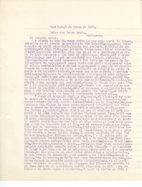[Carta] 1921 mar. 5, Santiago, Chile [a] Pedro Prado  [manuscrito] Hernán Díaz Arrieta.