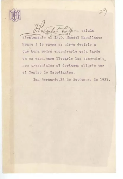 [Carta] 1921 sep. 21 San Bernardo, Chile [a] Manuel Magallanes Moure  [manuscrito] Fidel Pinochet Le Brun.