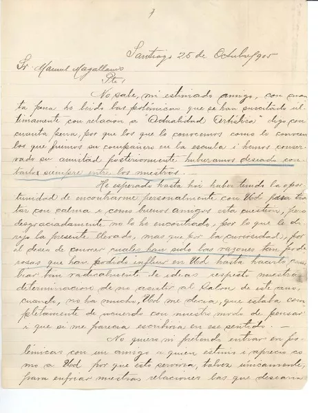 [Carta] 1905 oct. 25, Santiago, Chile [a] Manuel Magallanes Moure  [manuscrito] Os. Marie.