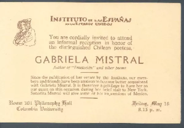 [tarjeta] 1924, may. 16, New York [a] Gabriela Mistral  [manuscrito] Instituto de Las Españas.