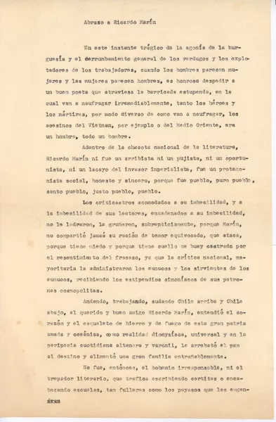 Abrazo a Ricardo Marín  [manuscrito] Pablo de Rokha.