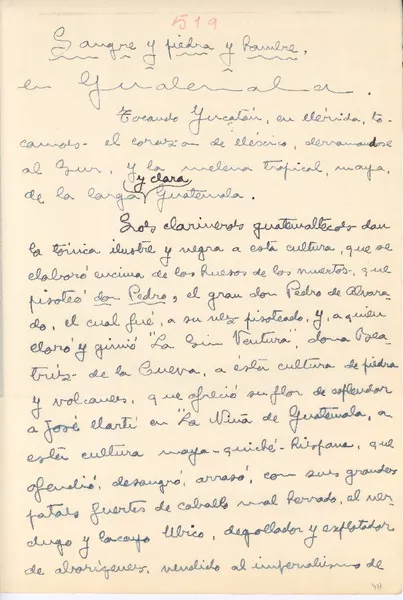 Sangre y piedra y hambre en Guatemala  [manuscrito] Pablo de Rokha.