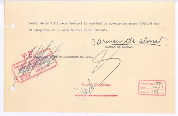 [Recibo] 1941 dic. 12, Santiago, Chile [a] Biblioteca Nacional de Chile  [manuscrito] Carmen de Alonso.