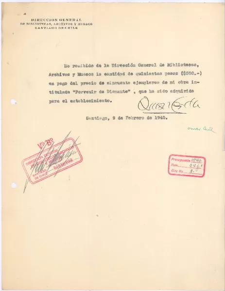 [Recibo] 1940 feb. 9, Santiago, Chile [a] Biblioteca Nacional de Chile  [manuscrito] Omar Cerda.