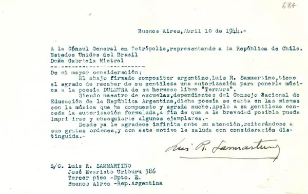 [Carta] 1944 abr. 10, Buenos Aires [a] Gabriela Mistral, Petrópolis [Brasil]  [manuscrito] Luis R. Sammartino.