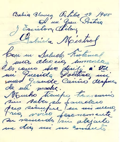 [Carta] 1945 oct. 1, Bahía Blanca, Argentina [a] Gabriela Mistral  [manuscrito] Enrique Vendimian Zubillaga.