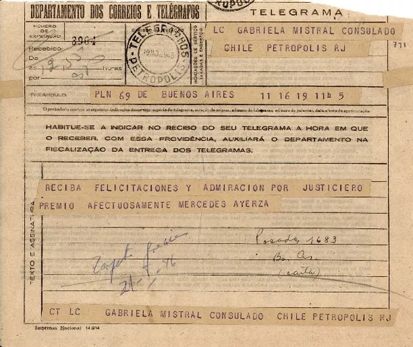 Telegrama 1945 nov. 19, Buenos Aires, [Argentina] [a] Gabriela Mistral, Consulado Chile Petrópolis R.J. [Brasil]  [manuscrito] Mercedes Ayerza.