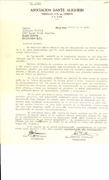 [Carta] 1946 jul. 23, Buenos Aires [a] Gabriela Mistral, Nueva Duarte, California  [manuscrito] Asociación Dante Alighieri.
