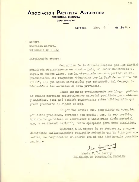 [Carta] 1948 mayo 4, Córdoba, [Argentina] [a] Gabriela Mistral, República de Chile  [manuscrito] Asociación Pacifista Argentina, Seccional Córdoba.