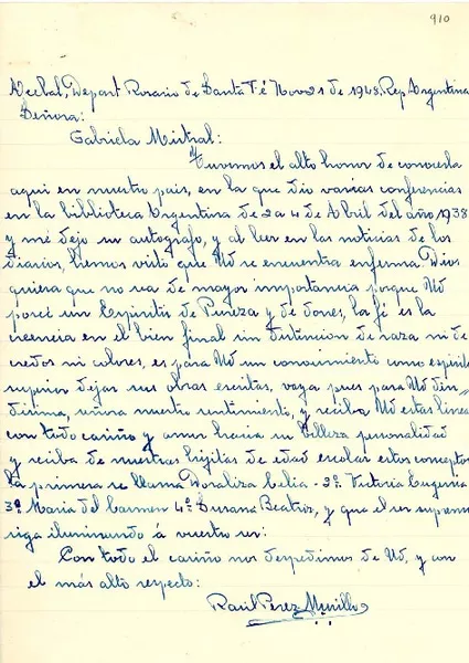 [Carta] 1948 nov. 21, Depart. Rosario de Santa Fé, Rep. Argentina [a] Gabriela Mistral  [manuscrito] Raúl Pérez Murillo.