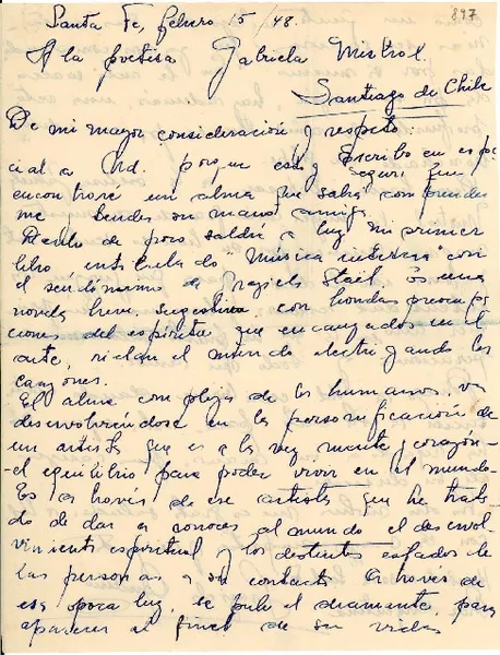 [Carta] 1948 feb. 15, Santa Fe [a] Gabriela Mistral, Santiago de Chile  [manuscrito] Graziela Andino.