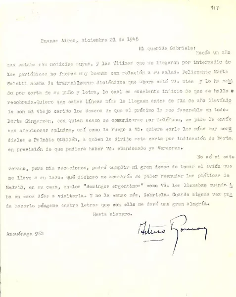 [Carta] 1948 dic. 21, Buenos Aires, [Argentina] [a] Gabriela Mistral, [México?]  [manuscrito] Arturo Román.