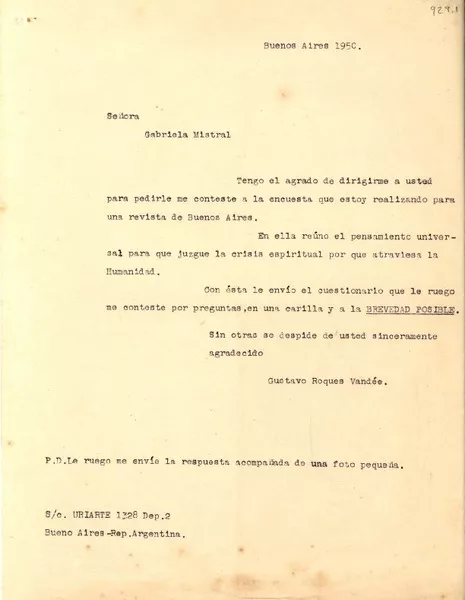 [Carta] 1950, Buenos Aires [a] Gabriela Mistral  [manuscrito] Gustavo Roque Vandée.
