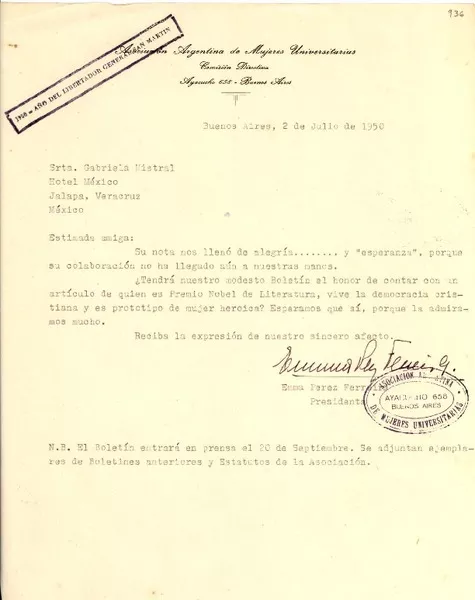 [Carta] 1950 jul. 2, Buenos Aires [a] Gabriela Mistral, México  [manuscrito] Asociación Argentina de Mujeres Universitarias.