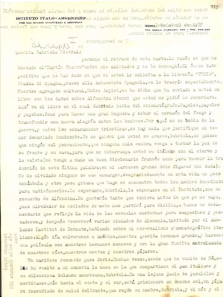 [Carta] 1952 abr. 2, Roma [a] Gabriela Mistral  [manuscrito] Fernando Birri.