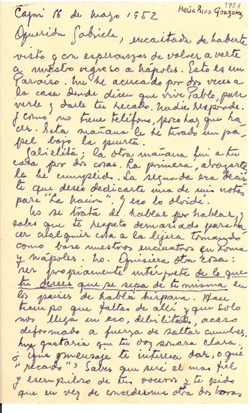 [Carta] 1952 mayo. 16, Capri [a] Gabriela Mistral, Nápoles  [manuscrito] María Rosa González.
