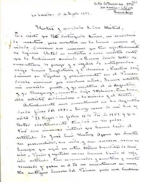 [Carta] 1952 ago. 1, Buenos Aires [a] Gabriela Mistral  [manuscrito] Juanita D'Aniello de Pausini.