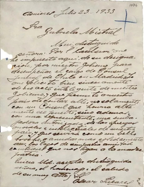 [Carta] 1933 jul. 23, Asnieres, [Francia] [a] Gabriela Mistral  [manuscrito] Oscar Lucares.
