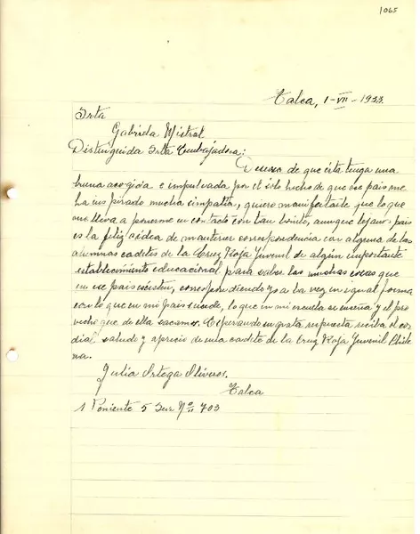 [Carta] 1933 jul. 1, Talca [a] Gabriela Mistral, Madrid  [manuscrito] Julia Ortega Oliveros.