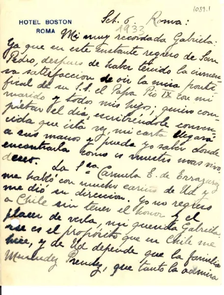 [Carta] [1933?] febr. 6, Roma, [Italia] [a] Gabriela [Mistral]  [manuscrito] Graziela [Préndez de Menendez].