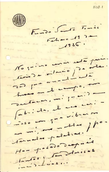 [Carta] 1936 feb. 19, Fundo Santo Tomás [a] Gabriela Mistral  [manuscrito] Su amiga Juanita.