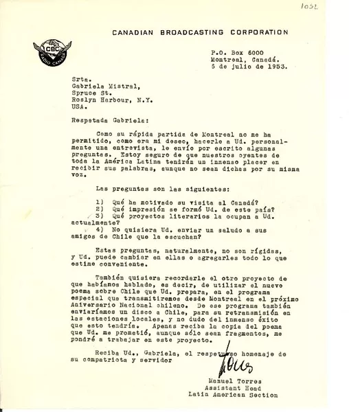 [Carta] 1953, jul. 6, Montreal, Canadá [a] Gabriela Mistral, Nueva York  [manuscrito] Manuel Torres.