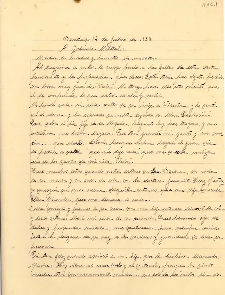 [Carta] 1938 jun. 14, Santiago [a] Gabriela Mistral  [manuscrito] Amanda Narea Peña.
