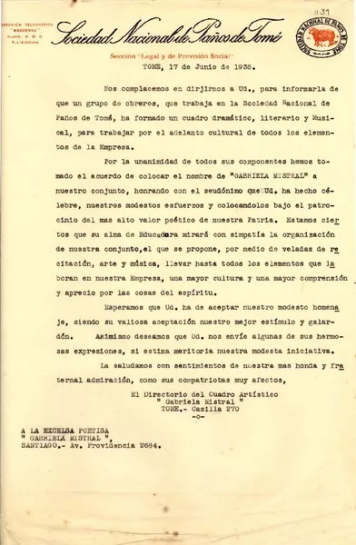 [Carta] 1938 jun. 17, Tomé [a] Gabriela Mistral  [manuscrito] Un cuadro artístico.