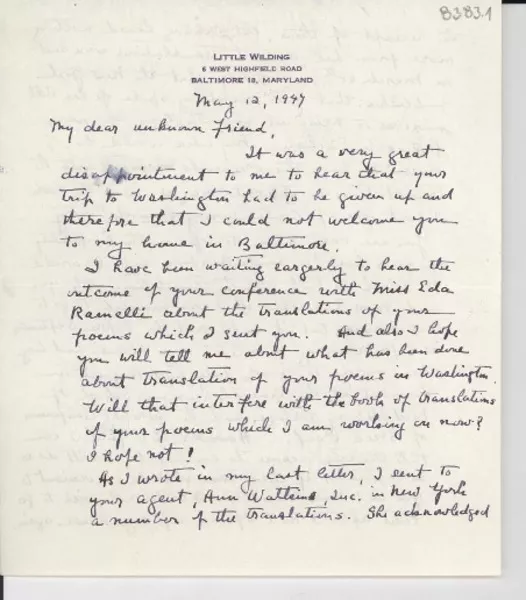 [Carta] 1947 mayo 12, Baltimore, Maryland, [EE.UU.] [a] [Gabriela Mistral]  [manuscrito] Eleanor L. Turnbull.