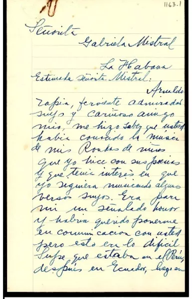 [Carta] 1939 ene. 9, Santiago, Chile [a] Gabriela Mistral, La Habana, [Cuba]  [manuscrito] M. Luisa Sepúlveda Maira.