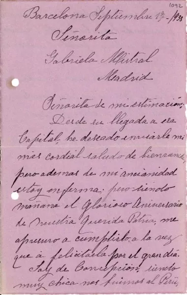 [Carta] 1933 sep. 17, Barcelona, España [a] Gabriela Mistral, Barcelona, [España]  [manuscrito] Adelaida Hurel Vda. de Schreitmüller.