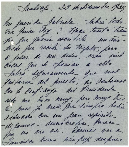 [Carta] 1939 dic. 23, Santiago, [Chile] [a] Gabriela Mistral  [manuscrito] Sarita [Phillips de Figueroa].