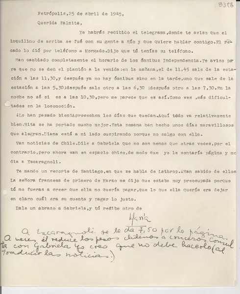 [Carta] 1945 abr. 25, Petrópolis, [Brasil] [a] Palma [Guillén]  [manuscrito] María [Urzúa de Briceño].
