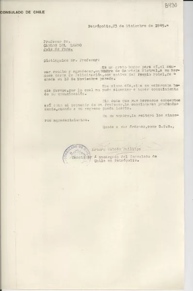[Carta] 1945 dic. 23, Petrópolis [a] Carlos del Lhano, Juiz de Fora  [manuscrito] Arturo Valdés Phillips.