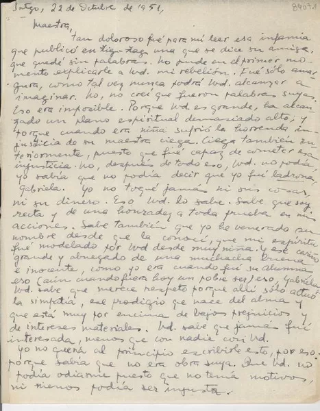 [Carta] 1951 oct. 22, Santiago, [Chile] [a] [Gabriela Mistral]  [manuscrito] María Urzúa.