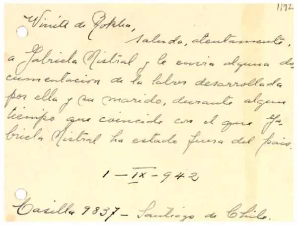 [Tarjeta] 1942 sept. 1, Santiago, Chile [a] Gabriela Mistral  [manuscrito] Winett de Rokha.
