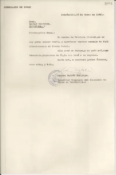 [Carta] 1946 ene. 18, Petrópolis [a] Salvat Editores, Barcelona  [manuscrito] Arturo Valdés Phillips.