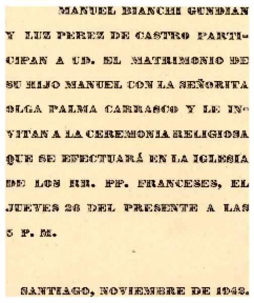 [Parte de matrimonio] 1942 nov., Santiago, Chile [a] [Gabriela Mistral]  [manuscrito] Manuel Bianchi Gundián, Luz Pérez de Castro.